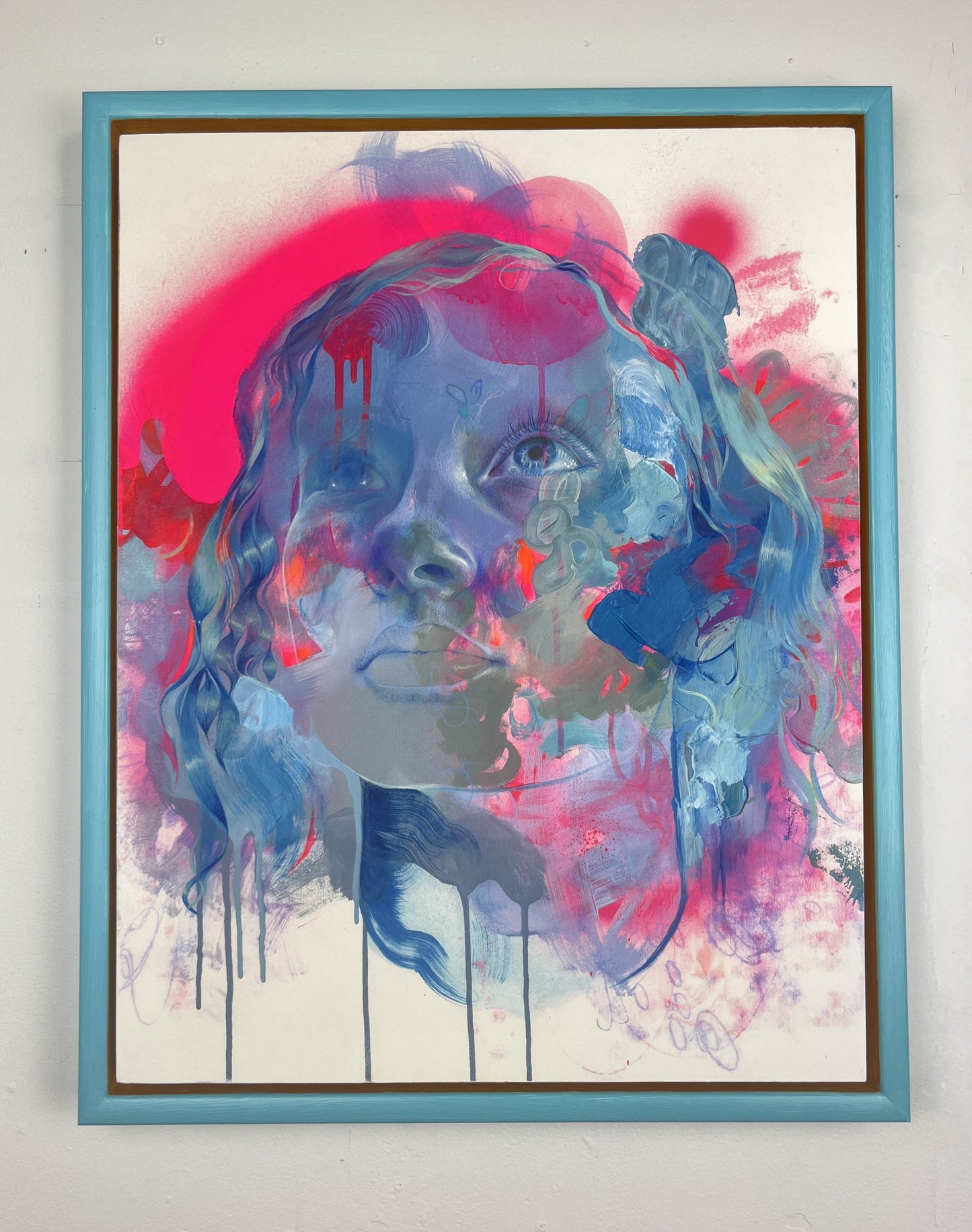 Blue pink white abstract portrait artwork on white wall background
