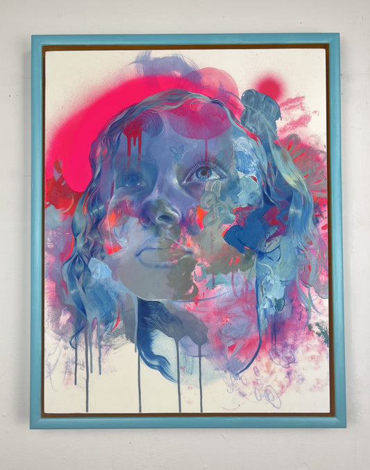 Blue pink white abstract portrait artwork on white wall background