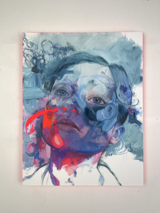 Image of unframed blue and pink portrait hung on white wall